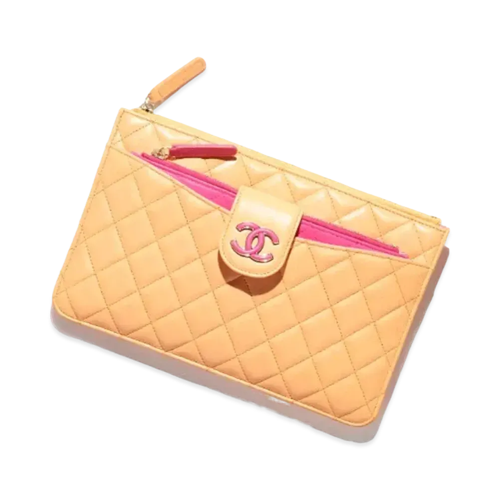 CHANEL Pouch Lambskin & Gold Tone Metal "Orange/Dark Pink"