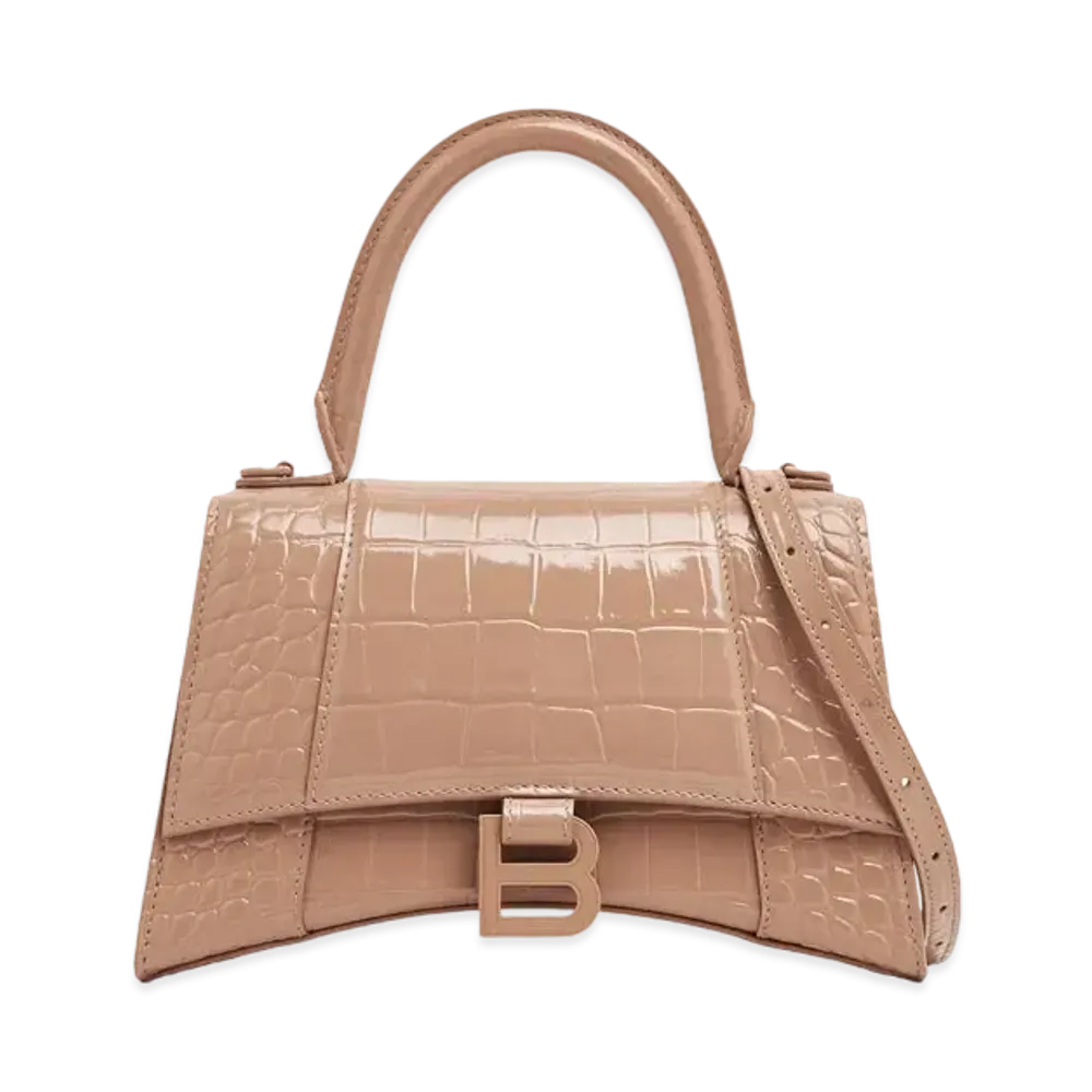 BALENCIAGA Hourglass Crocodile Embossed Small Handbag "Beige"