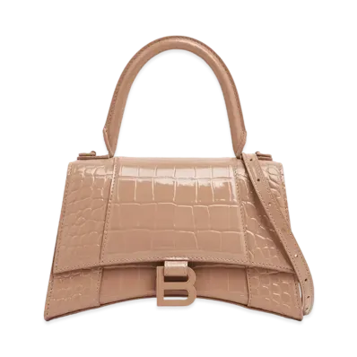 BALENCIAGA Hourglass Crocodile Embossed Small Handbag "Beige"