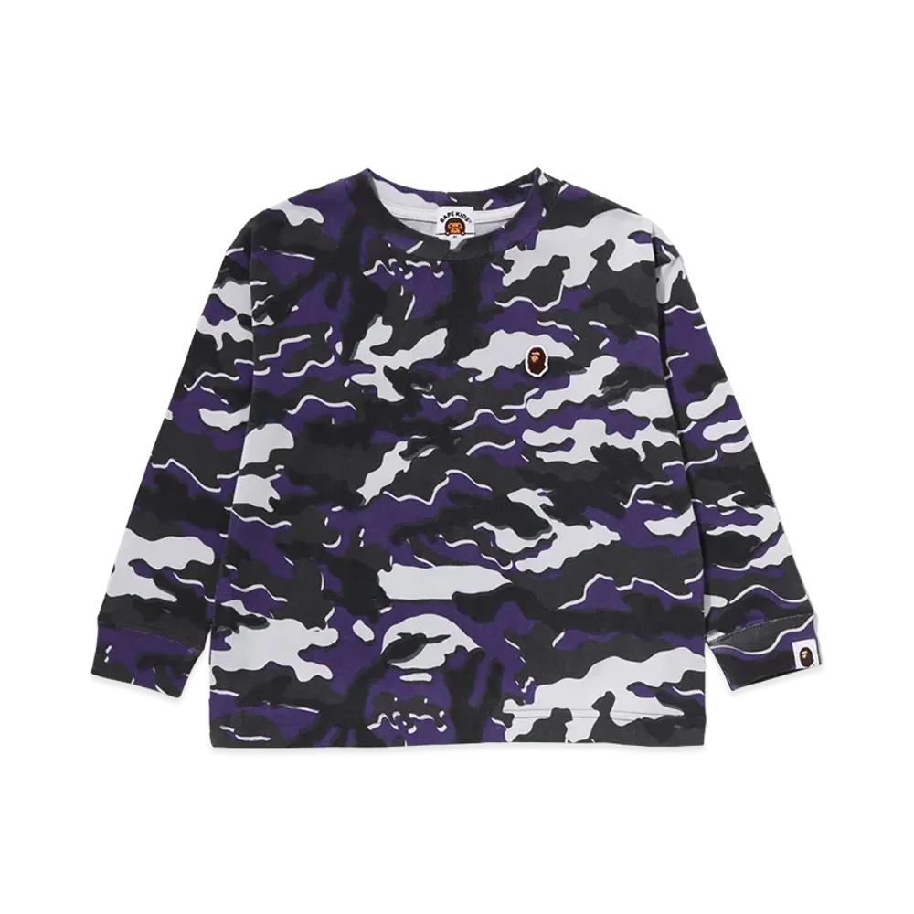 A BATHING APE Kids Glitch Woodland Camo One Point Relaxed Fit L/S Tee "Purple"