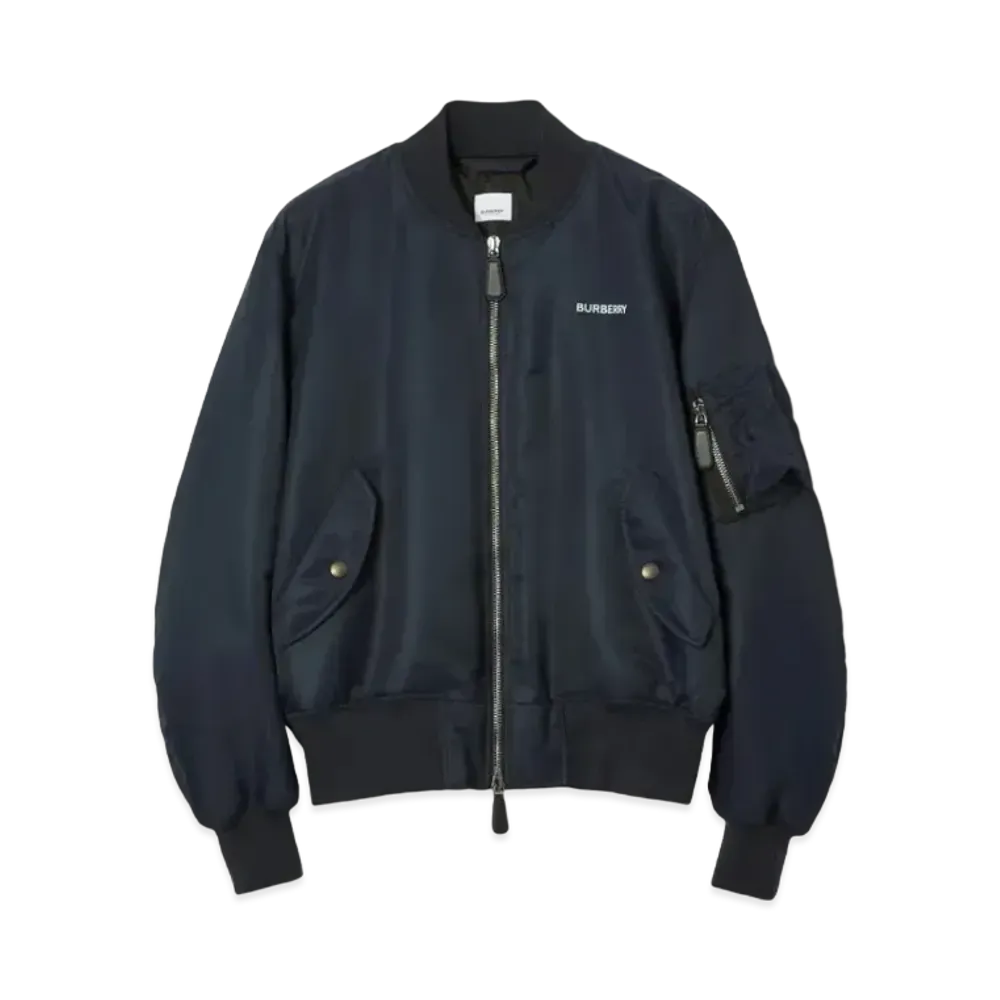 Burberry Men's Logo Print Nylon Bomber Jacket "Smoked Navy"