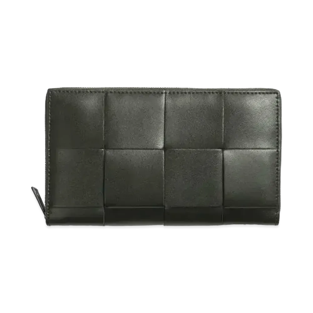 Bottega Veneta Casette Maxi Intrecciato Calfskin Bi-fold Zip Around Wallet "Dark Moss"