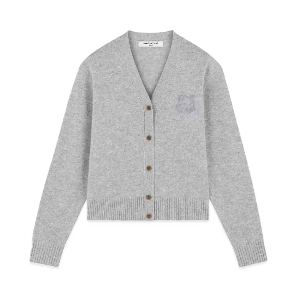 Maison Kitsune Bold Fox Head Embroidered Cropped Cardigan "Light Grey Melange"