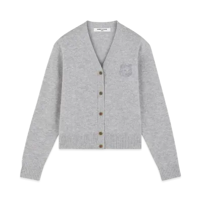 Maison Kitsune Bold Fox Head Embroidered Cropped Cardigan "Light Grey Melange"