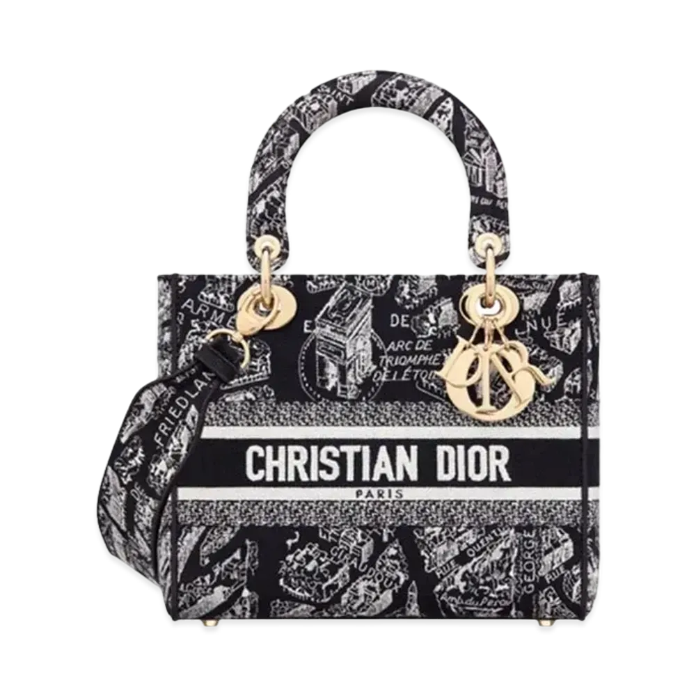 Dior Medium Lady D Lite Bag Plan de Paris Embroidery "Black/White"