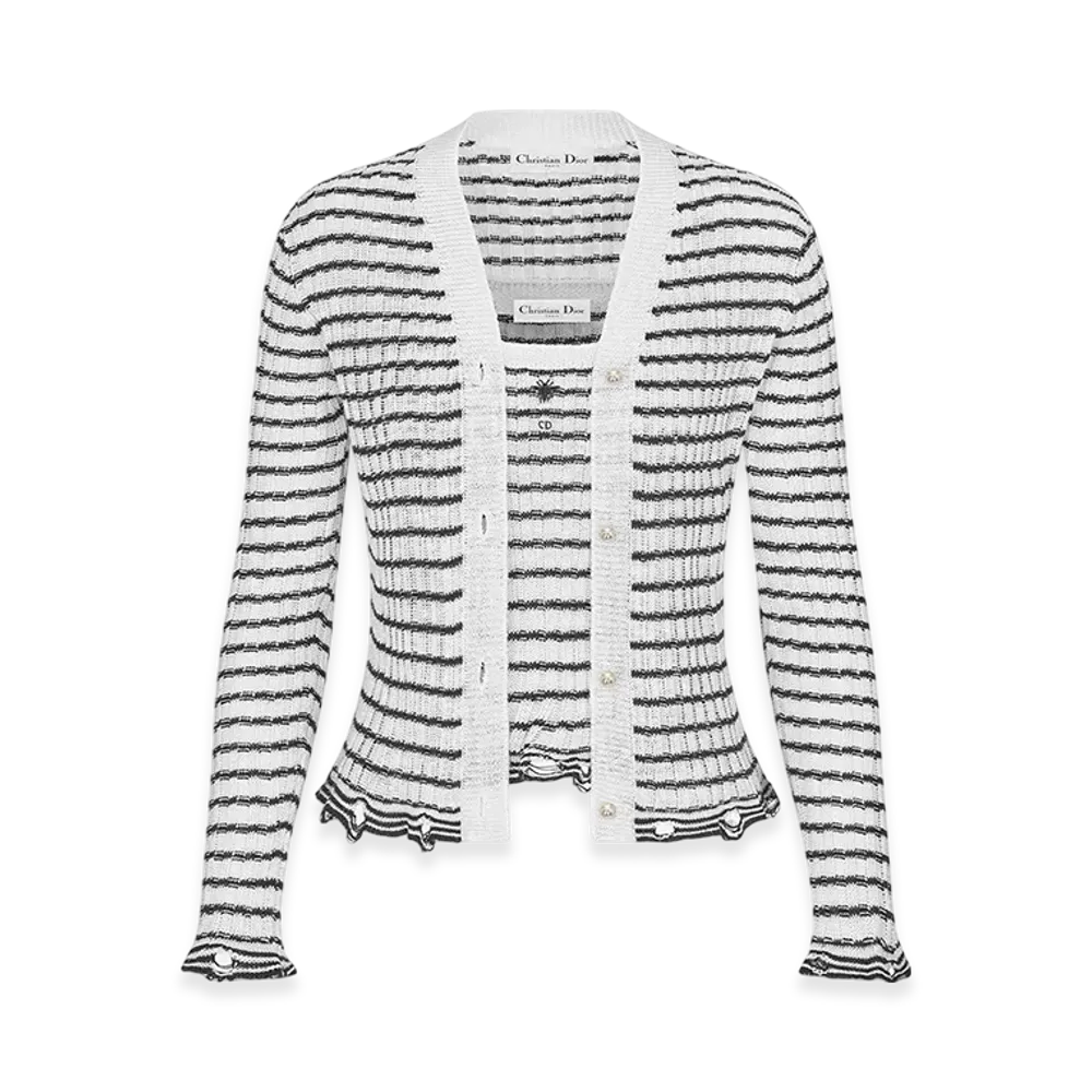 Dior Women's Twinset Linen Cashmere Silk Ribbed Knit "White/Navy Blue"