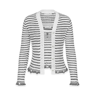 Dior Women's Twinset Linen Cashmere Silk Ribbed Knit "White/Navy Blue"