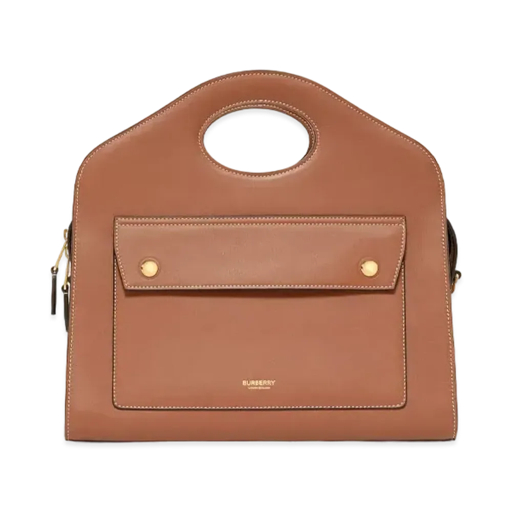 Burberry Small Topstitched Leather Pocket Tote "Malt Brown"
