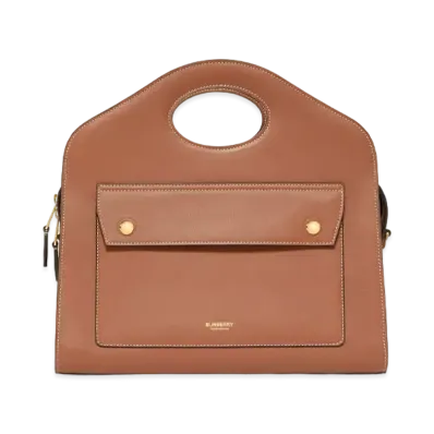 Burberry Small Topstitched Leather Pocket Tote "Malt Brown"