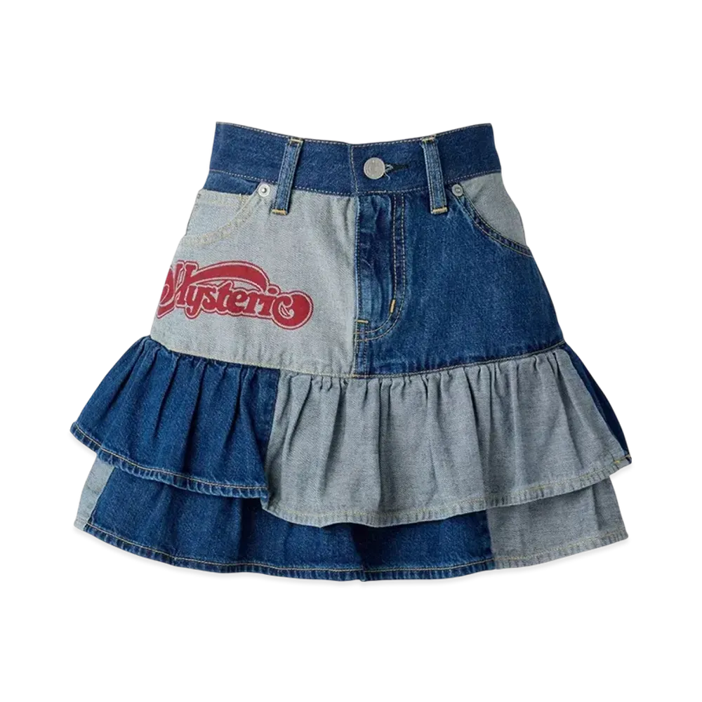 HYSTERIC GLAMOUR Rolling Heart Scratched Frill Skirt "Light Indigo Blue"
