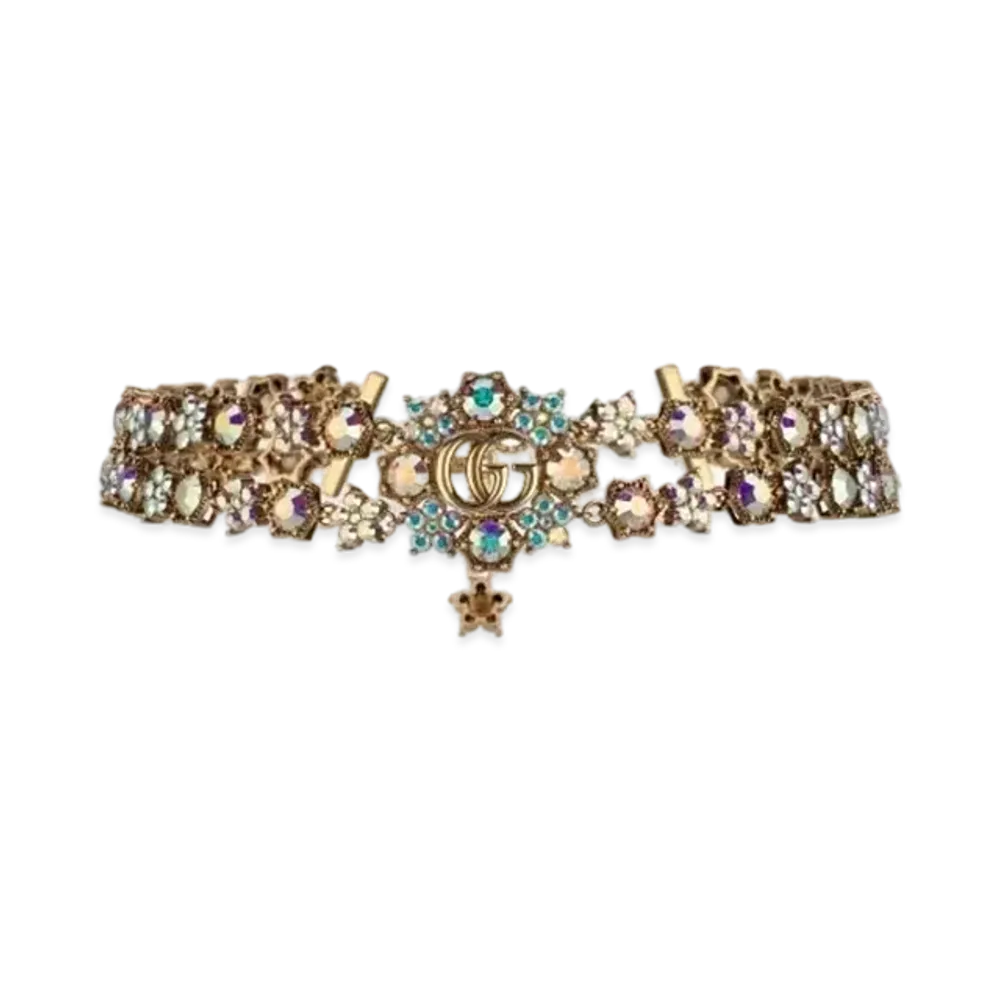 GUCCI Antique Tone Metal Double G Crystal Flower Necklace "Gold"