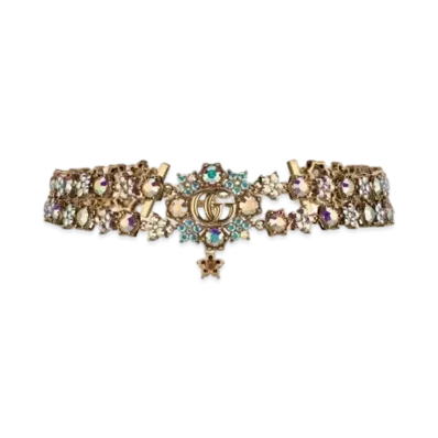 GUCCI Antique Tone Metal Double G Crystal Flower Necklace "Gold"