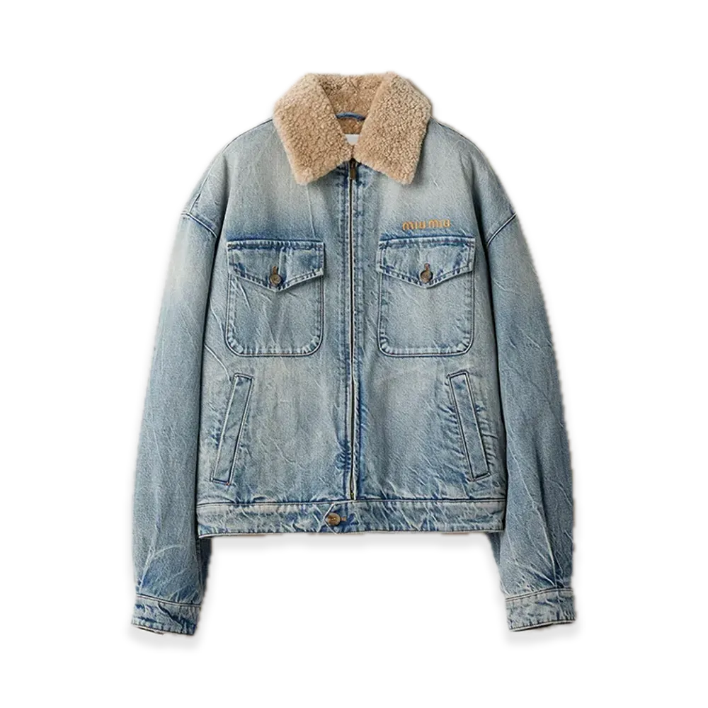 MIU MIU Denim/Shearling Tracker Jacket "Light Blue"
