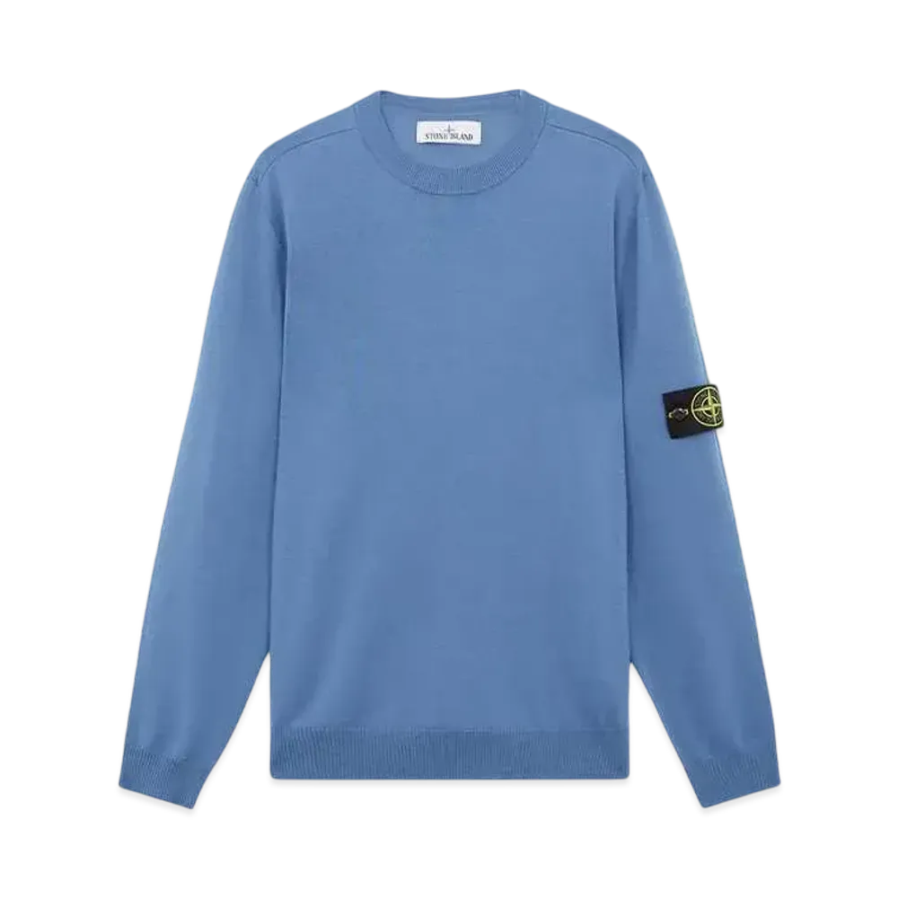 Stone Island Light Pure RWS Wool Crew Neck Sweater With Ribbed Detail "Abio Blue"