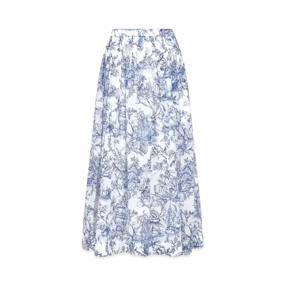 Dior Women's Toile De Jouy Vessel Motif Cotton Voile Flared Mid Length Skirt "Blue/White"