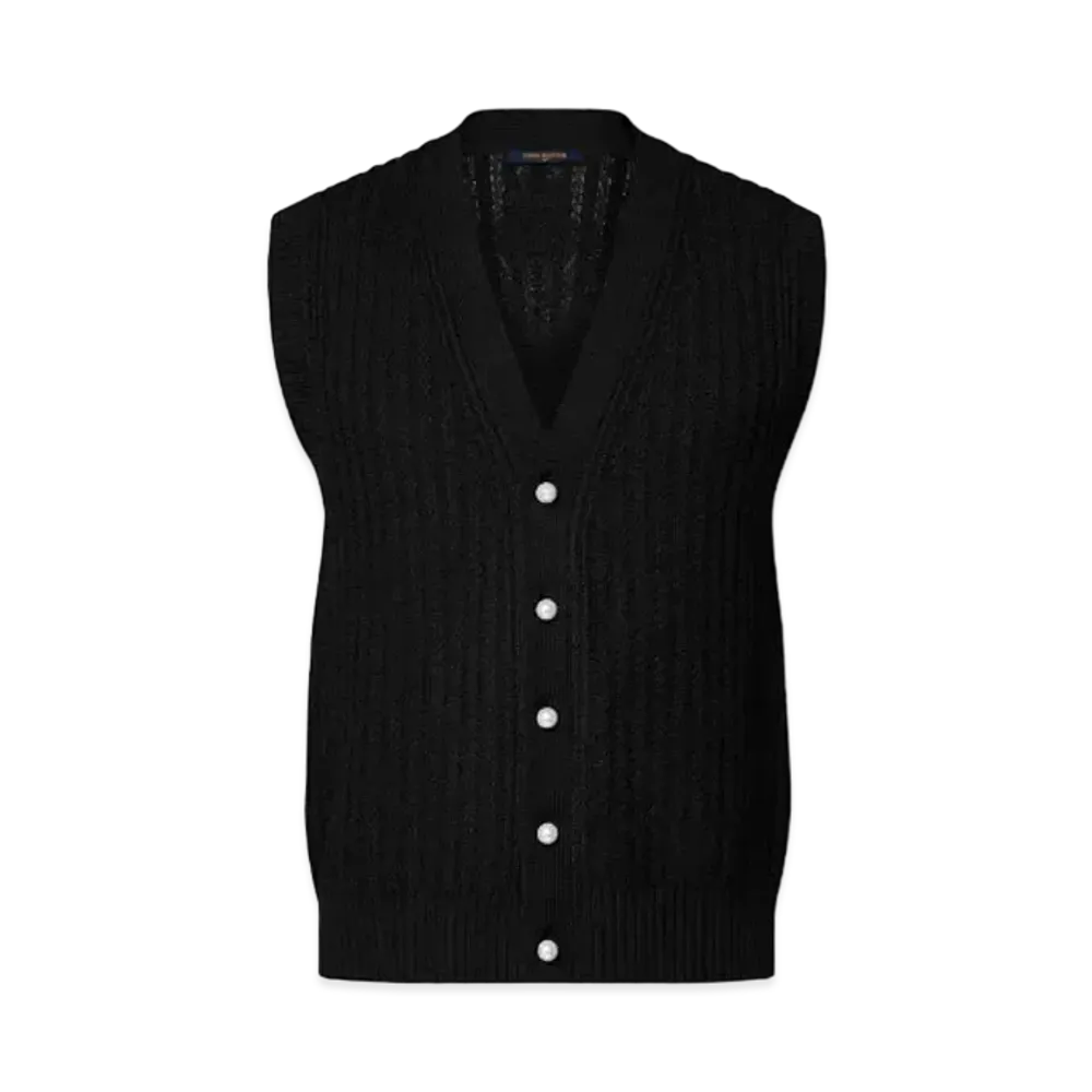 Louis Vuitton V-Neck Merino Wool Vest With Cable Pattern "Noir"