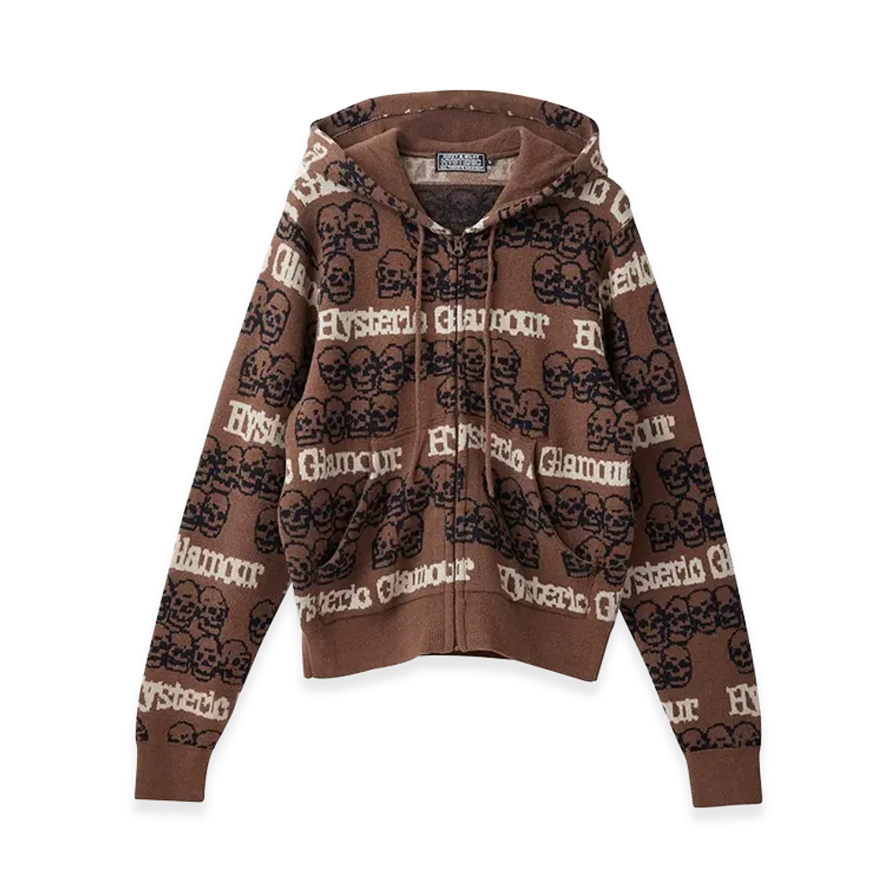 HYSTERIC GLAMOUR Women's SKULL STRIPE Pattern Jacquard Hoodie "Brown"