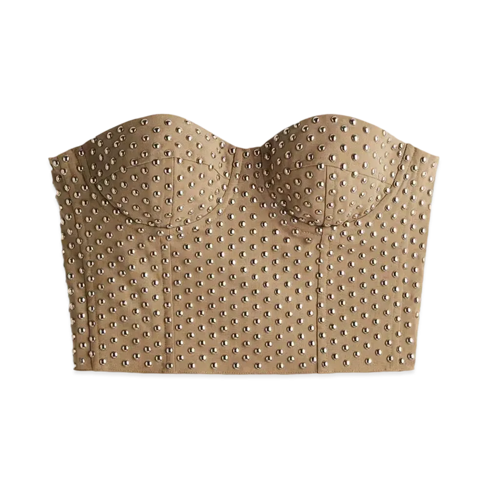 rokh x H&M Wool-Blend Studded Corset Top "Dark Beige"