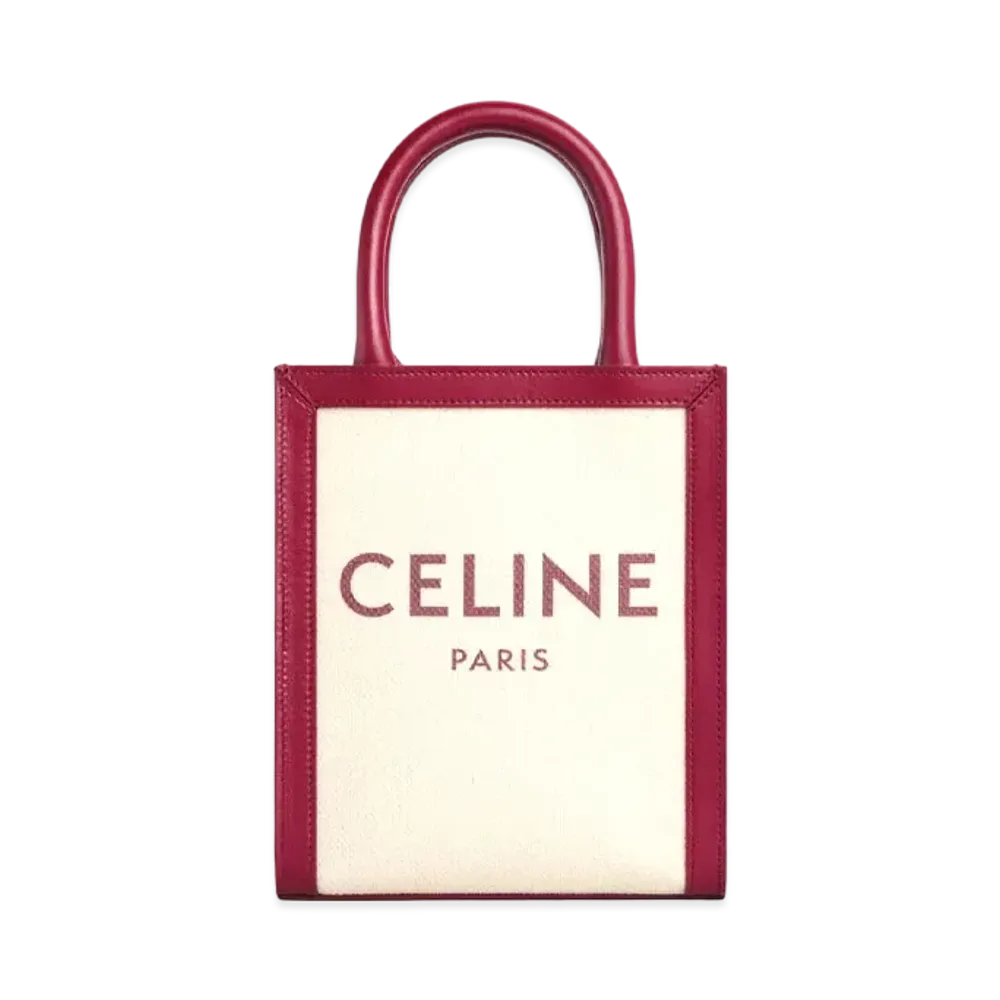 CELINE Mini Vertical Cabas Celine In Textile With Celine Print And Calfskin "Natural/Carmin"