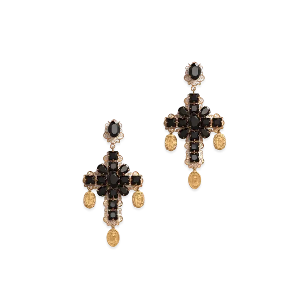 Dolce&Gabbana Clip-On Drop Earrings With Crosses And Medallions "Black/Gold"