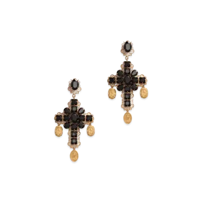Dolce&Gabbana Clip-On Drop Earrings With Crosses And Medallions "Black/Gold"