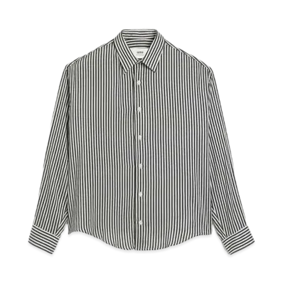 AMI PARIS Stripe Silk Blend Canvas Boxy Fit Shirt "Chalk & Black"