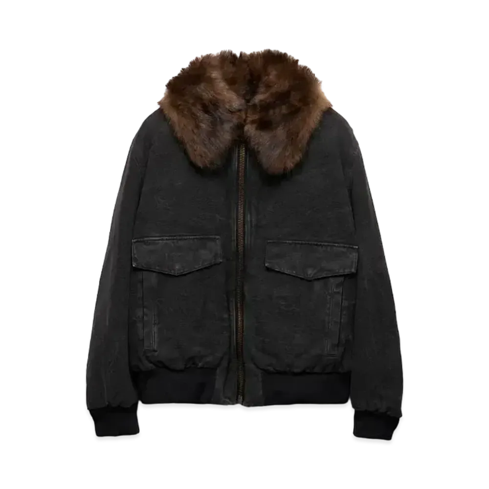 PRADA Men's Cotton Blouson Jacket with Shearling Collar "Black"