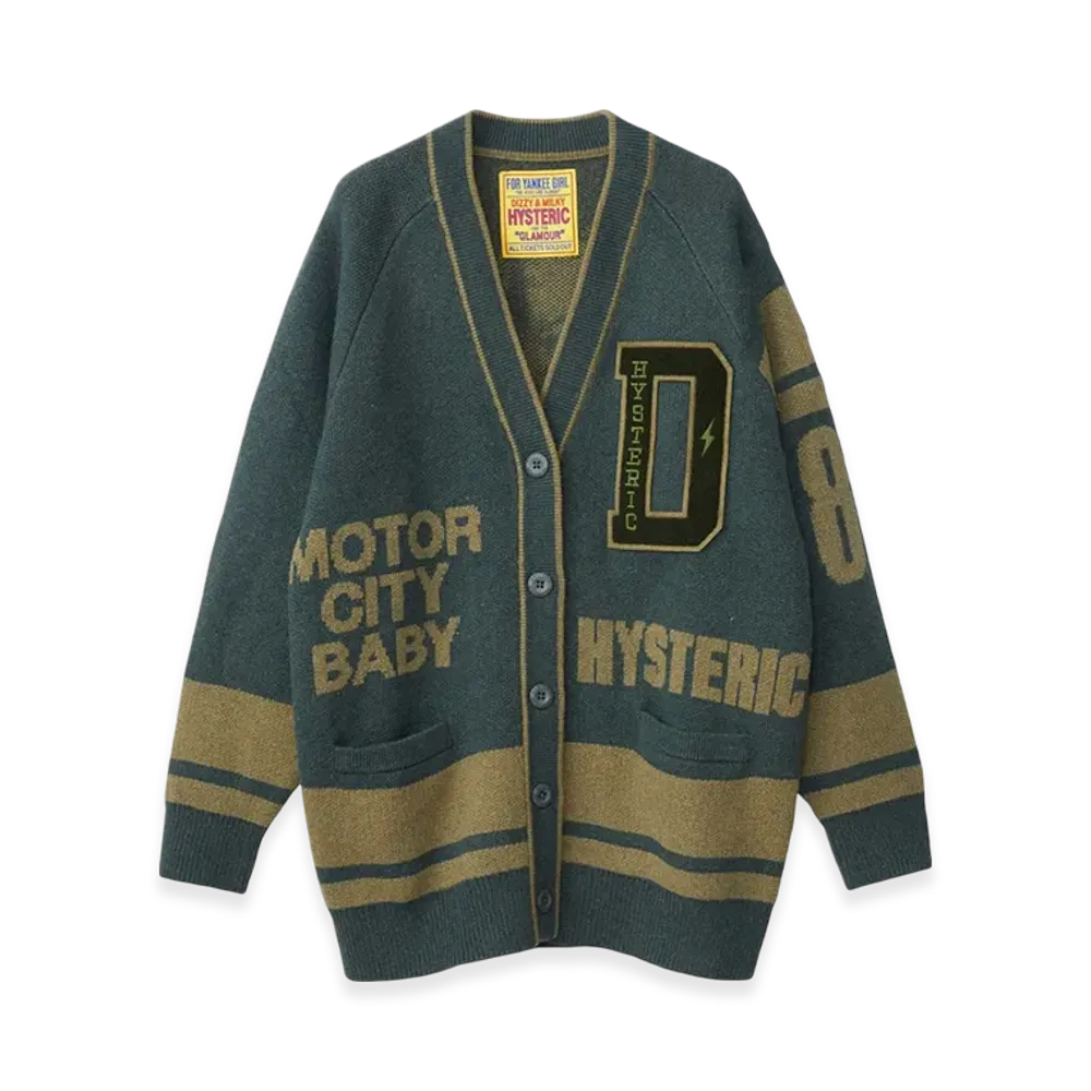 HYSTERIC GLAMOUR Motor City Baby Patch Jacquard Cardigan "Green"