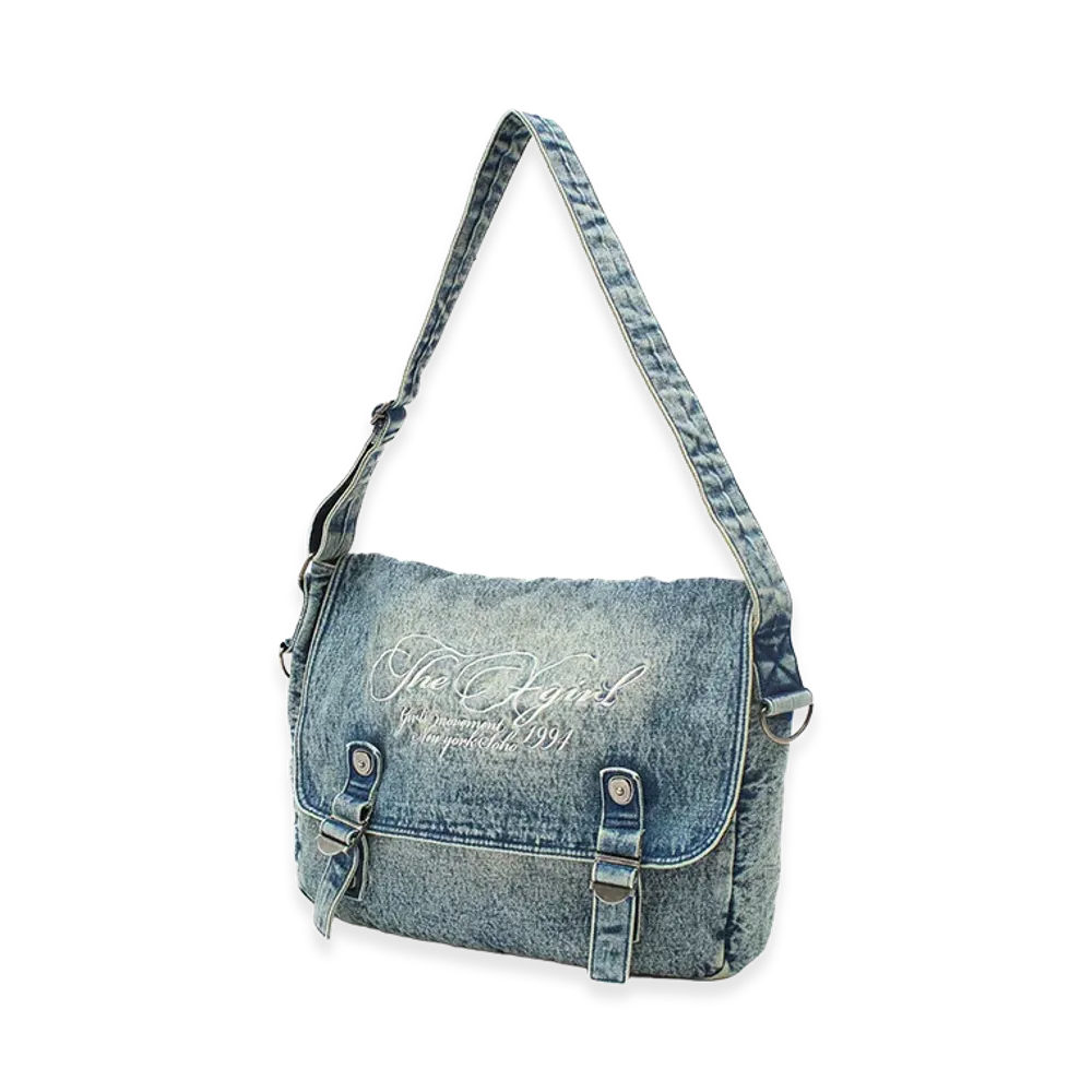 X-Girl Women's Script Logo Denim Shoulder Bag "Light Indigo"