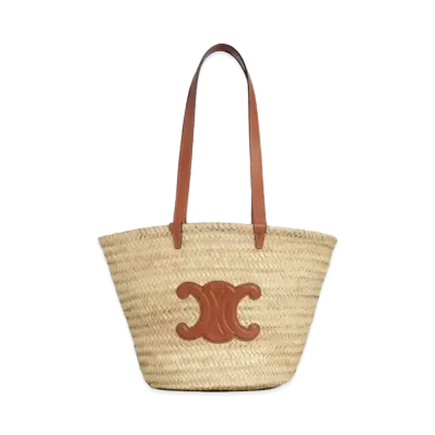 CELINE Medium Triomphe Celine Classic Panier In Palm Leaves And Calfskin "Tan"