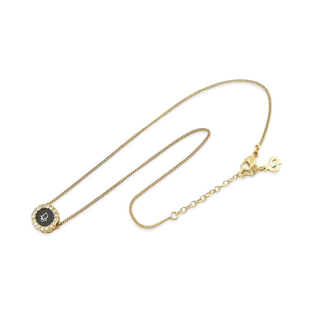 Dior Logo Rhinestone Oval Necklace "Gold"