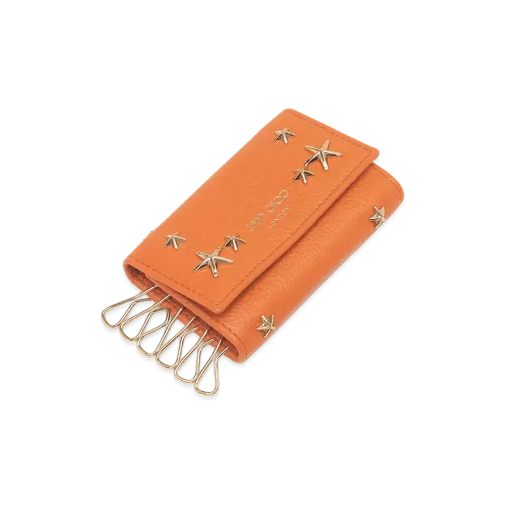 JIMMY CHOO NEPTUNE Soft Grainy Calf Leather Key Case With Star Studs "Amber Orange"
