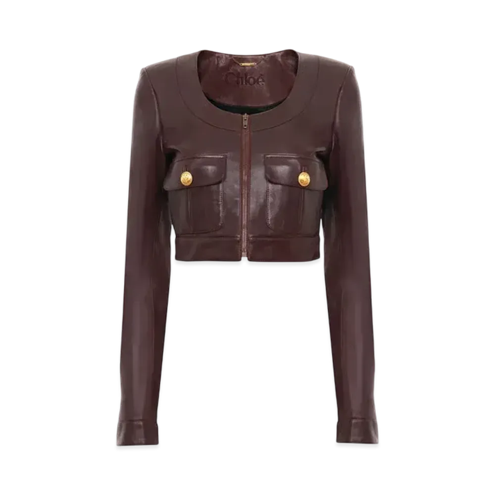 Chloe Cropped Chasseur Jacket In Leather "Deep Mahogany"