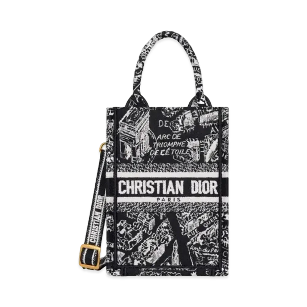 Dior Mini Dior Book Tote Phone Bag Plan De Paris Embroidery "Black/White"