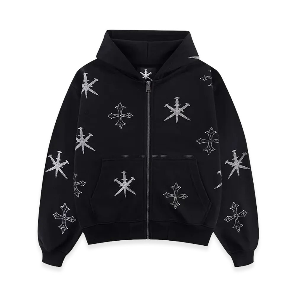 Unknown London Dagger Cross Rhinestone Zip Hoodie "Black"