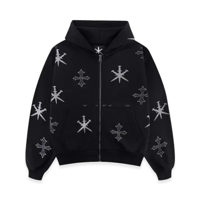 Unknown London Dagger Cross Rhinestone Zip Hoodie "Black"