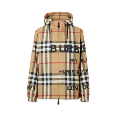 Burberry Men's Horseferry Printed Check Nylon Hooded Jacket "Archive Beige"