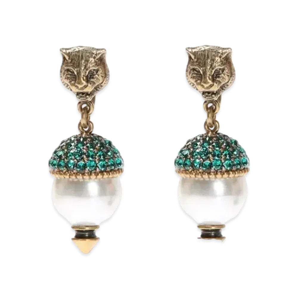 GUCCI Tiger Head Earrings with Crystal "Antique Gold"