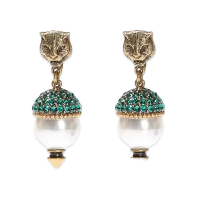 GUCCI Tiger Head Earrings with Crystal "Antique Gold"