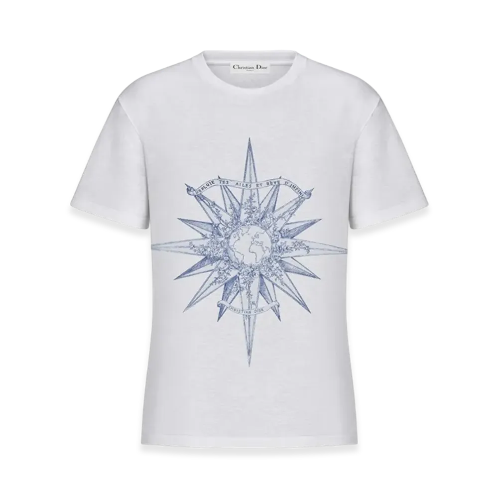 Dior Women's Cotton Jersey and Reve d'Infini Motif T-Shirt "Ecru/Blue"