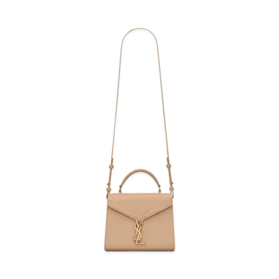Saint Laurent Cassandra Mini Top Handle Bag In Grain De Poudre Embossed Leather "Dark Beige"