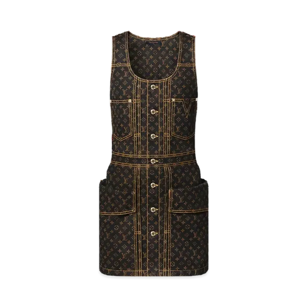 Louis Vuitton Women's Monogram Denim Button Front Dress "Marron"