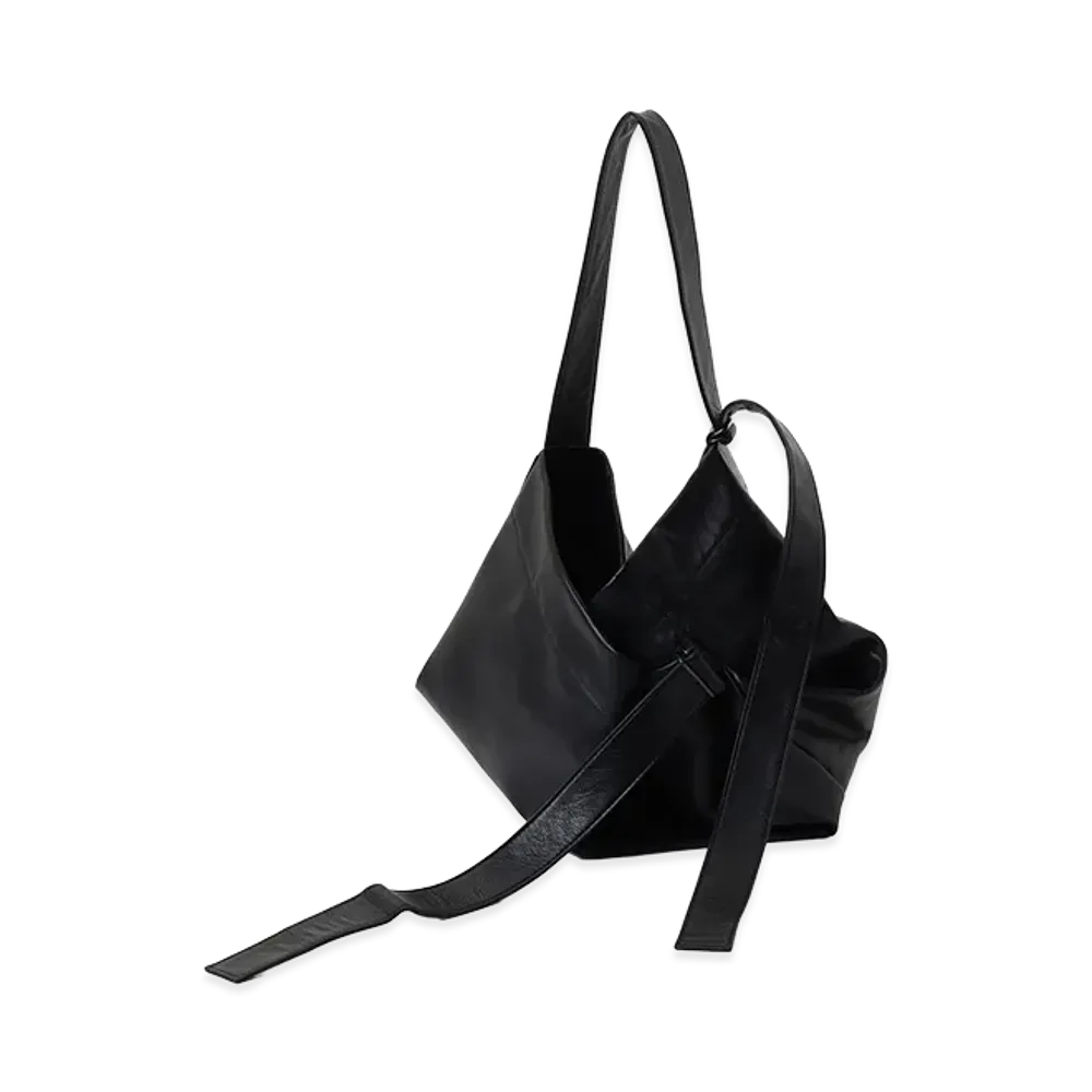 Y's Semi Gloss Leather Belted Tote Bag S "Black"