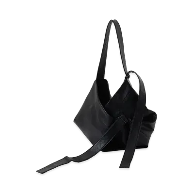 Y's Semi Gloss Leather Belted Tote Bag S "Black"