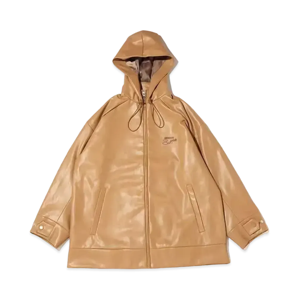 atmos pink Zip-Up Faux-Leather Big Hoodie "Brown"