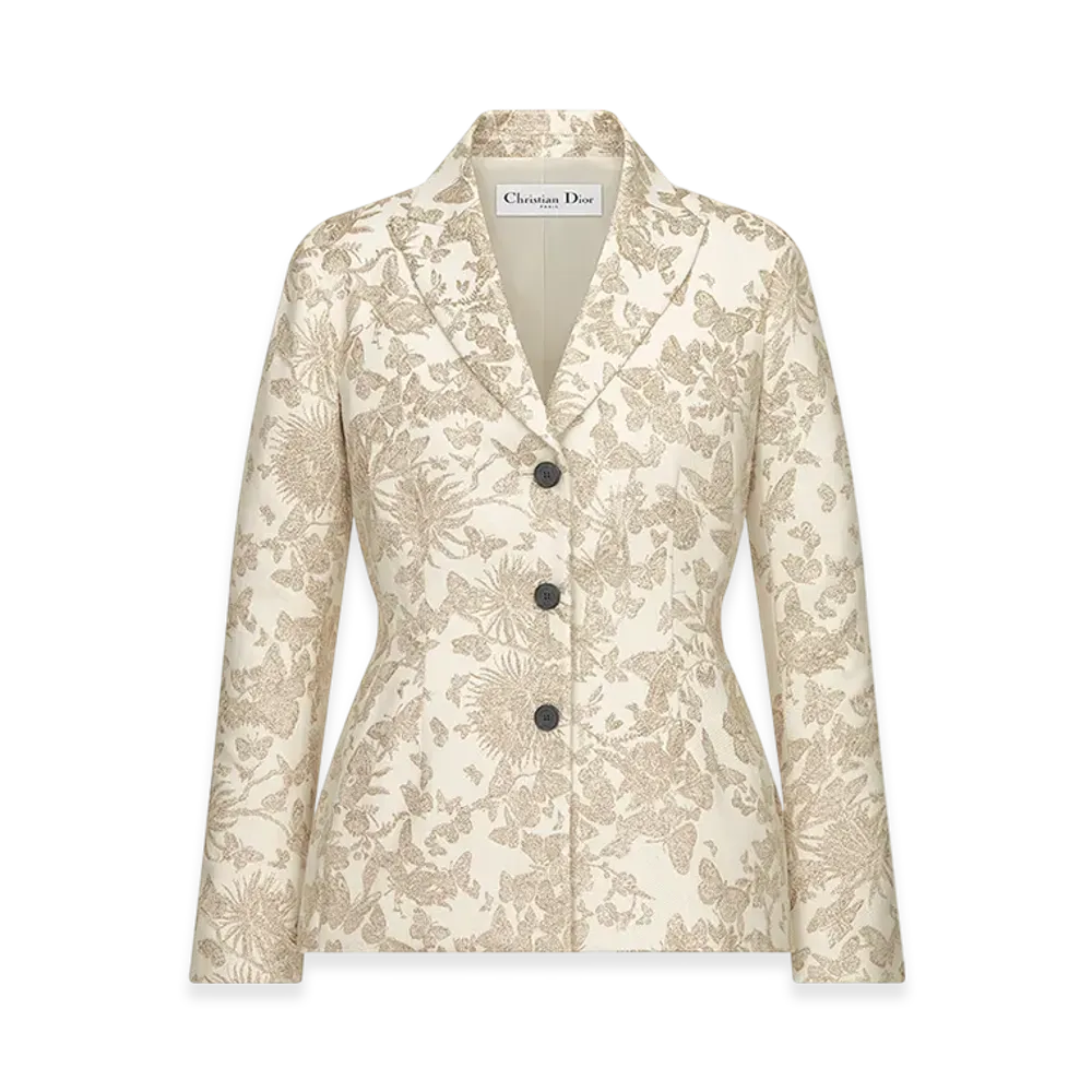 Dior Women's Fitted Jacket Technical Jacquard Allover Butterfly Motif "White/Gold"