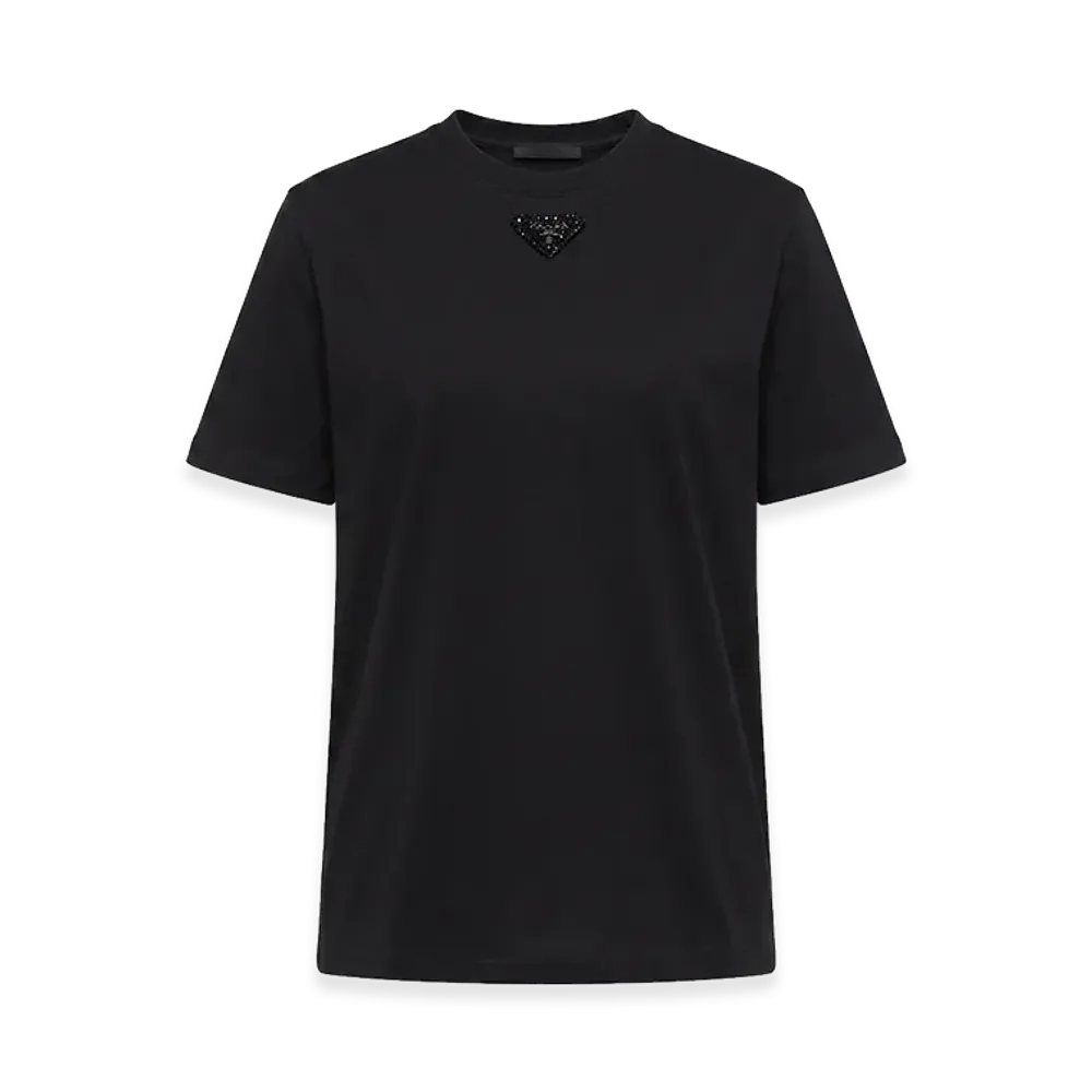 PRADA Women's Triangle Embroidery Crewneck Short Sleeve T-Shirt "Black"
