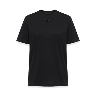 PRADA Women's Triangle Embroidery Crewneck Short Sleeve T-Shirt "Black"