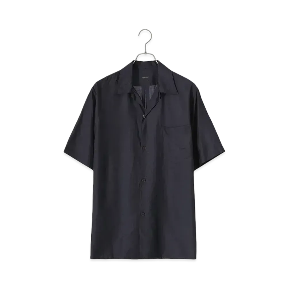 COMOLI Wool Silk Short Sleeve Open Collar Shirt "Navy"