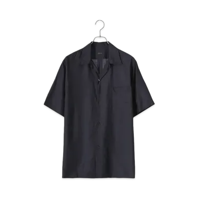 COMOLI Wool Silk Short Sleeve Open Collar Shirt "Navy"